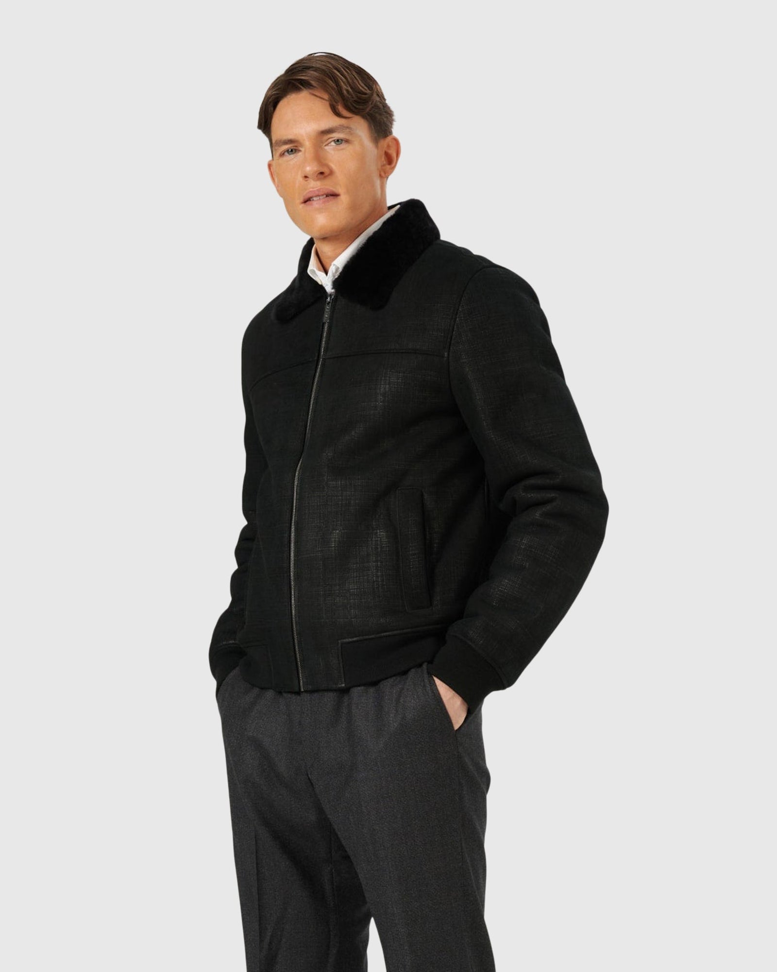 Men | Merino Shearling Lamb Bomber Jacket | Black Pattern
