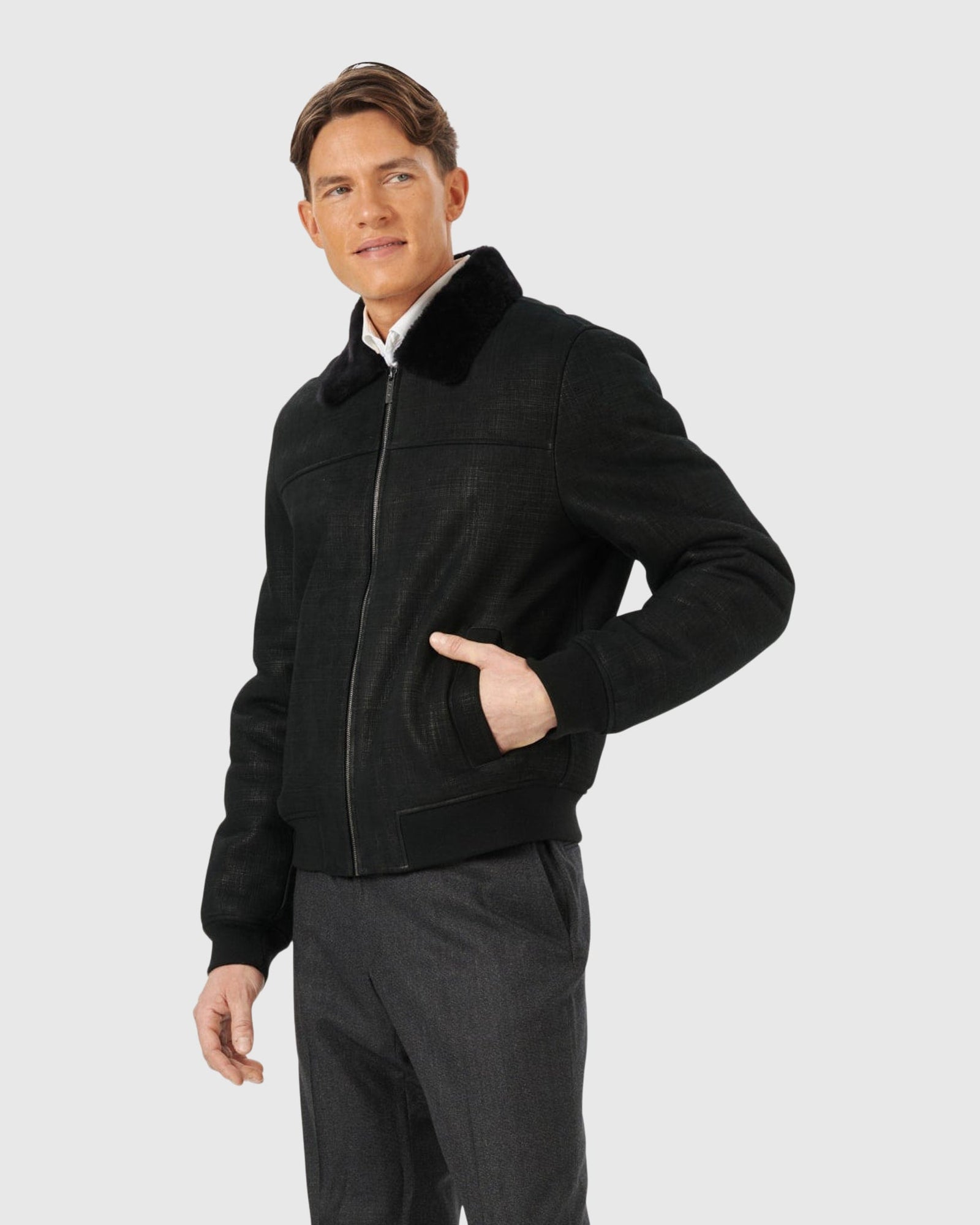 Men | Merino Shearling Lamb Bomber Jacket | Black Pattern