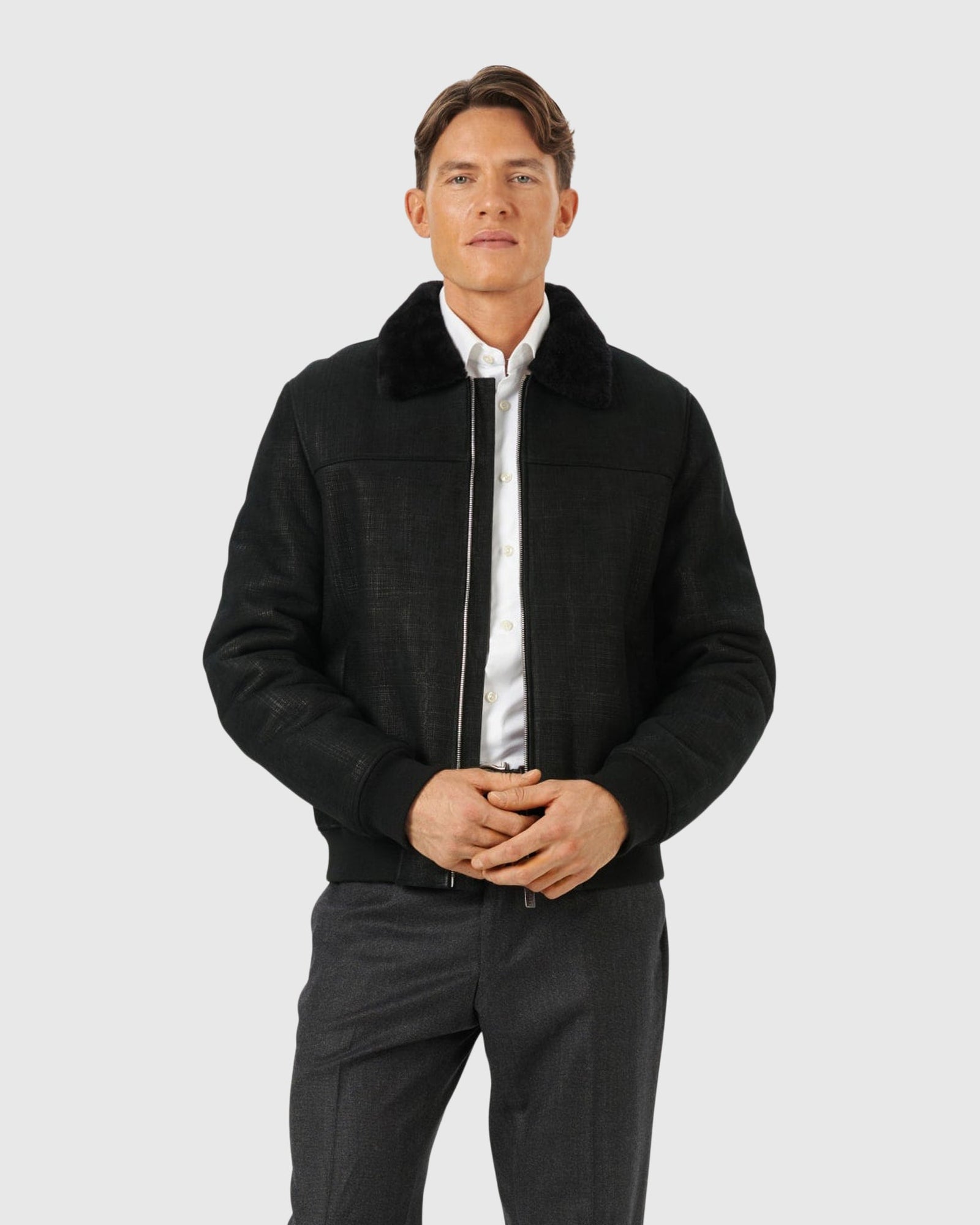 Men | Merino Shearling Lamb Bomber Jacket | Black Pattern