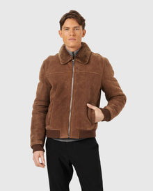 Men | Merino Shearling Lamb Bomber Jacket | Camel Pattern