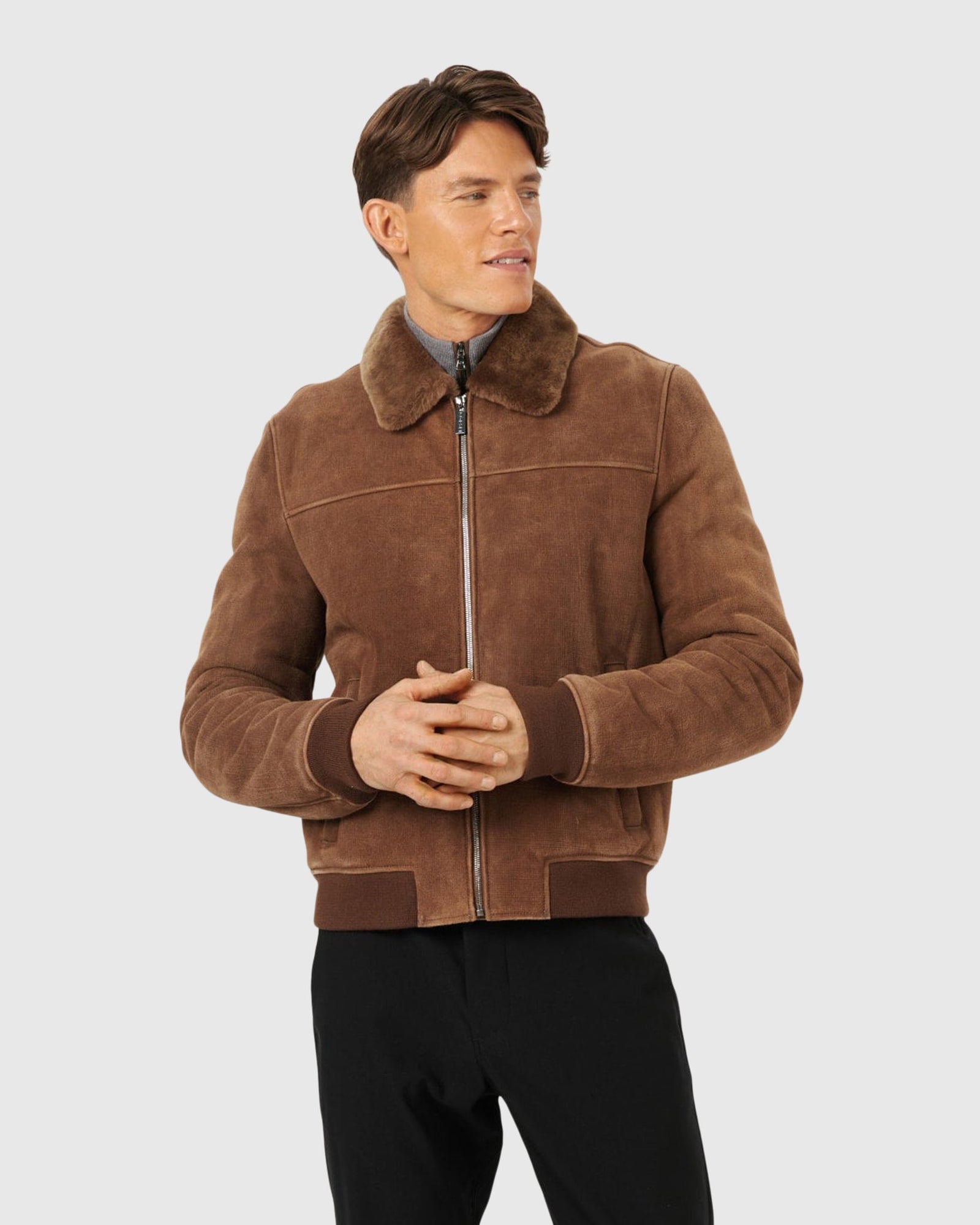 Men | Merino Shearling Lamb Bomber Jacket | Camel Pattern