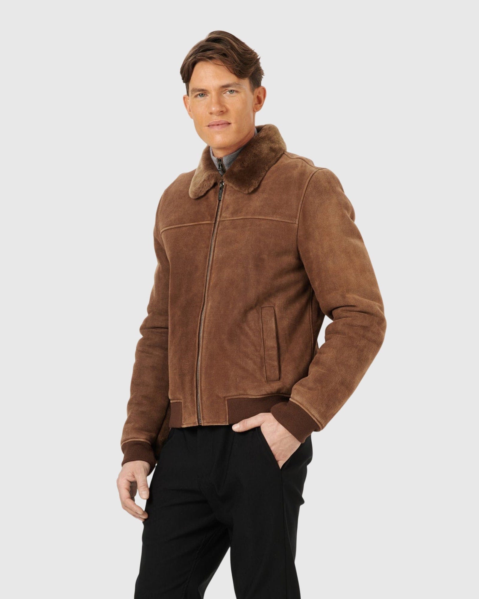 Men | Merino Shearling Lamb Bomber Jacket | Camel Pattern