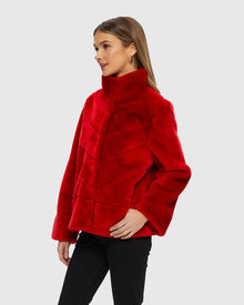Select Shearling Lamb Chevron Jacket With Horizontal Bottom | Red
