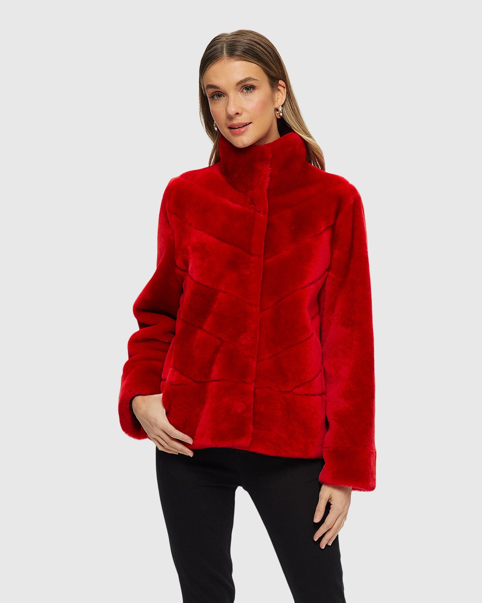 Select Shearling Lamb Chevron Jacket With Horizontal Bottom | Red