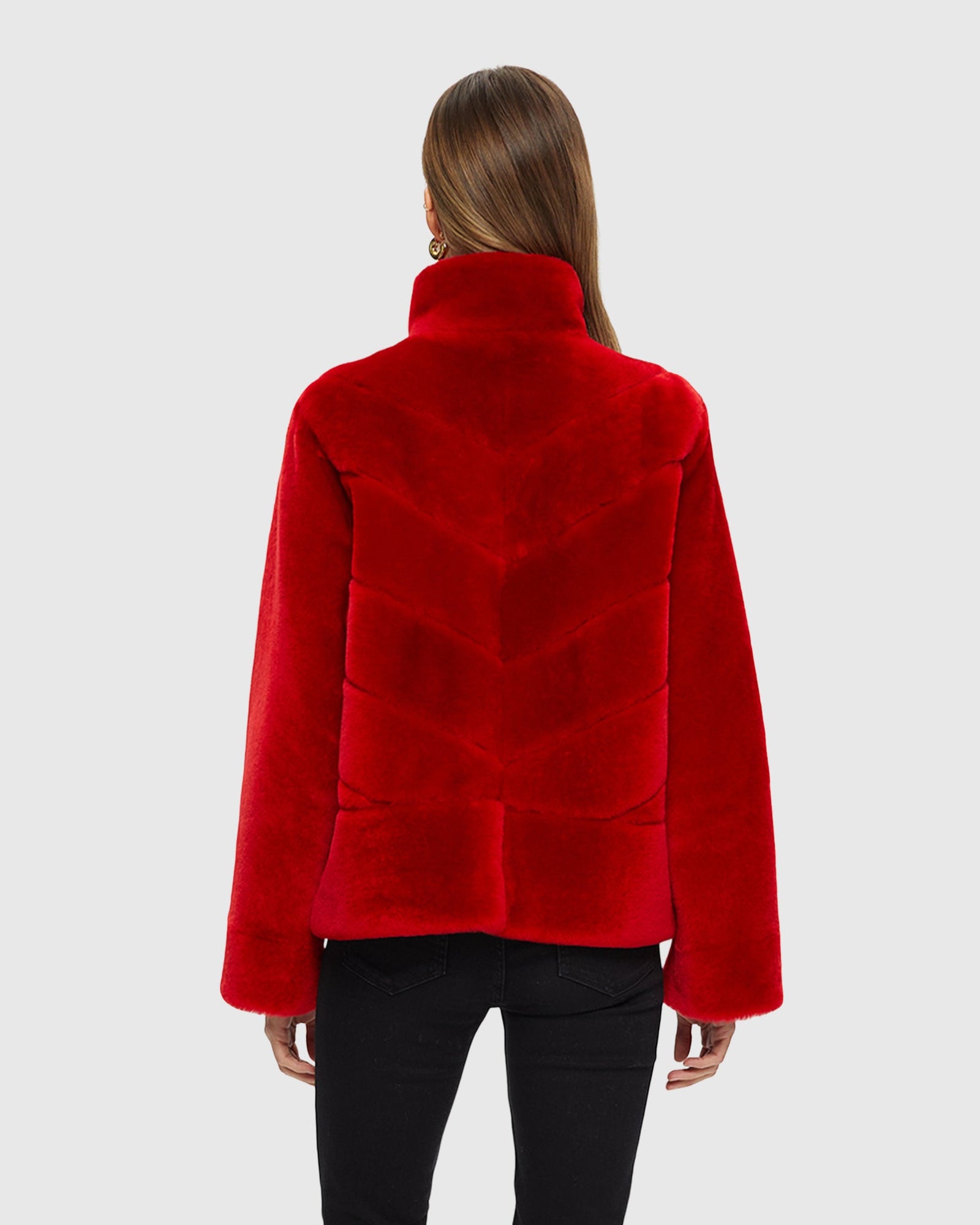 Select Shearling Lamb Chevron Jacket With Horizontal Bottom | Red