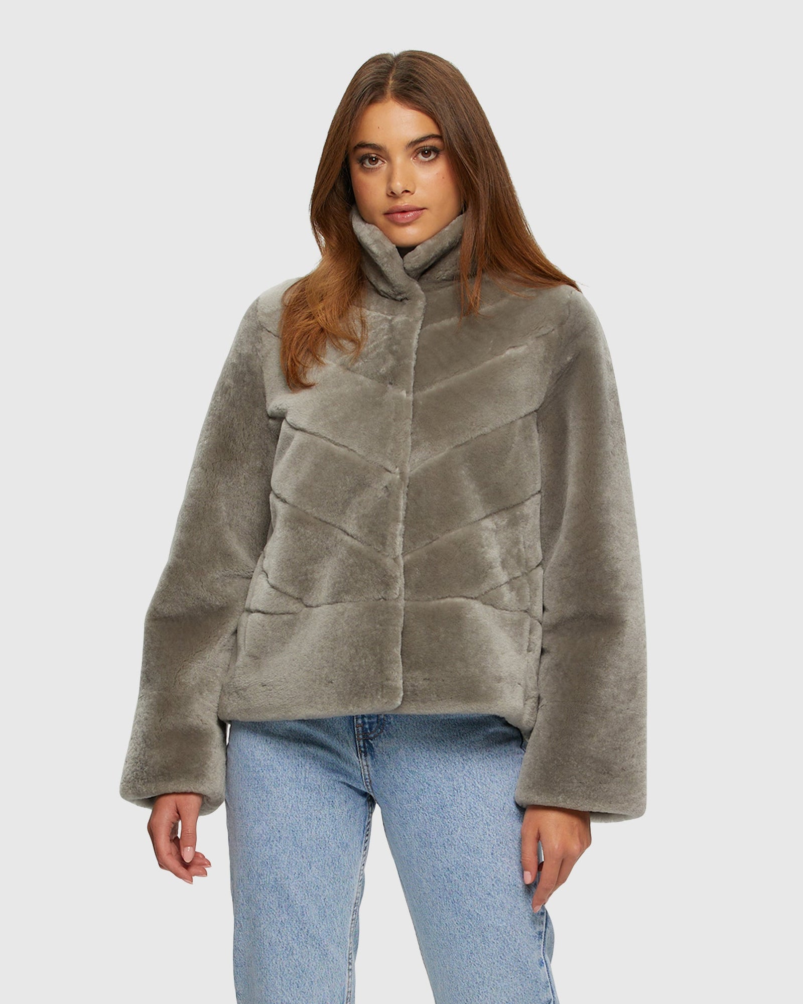 Select Shearling Lamb Chevron Jacket With Horizontal Bottom | Light Gray