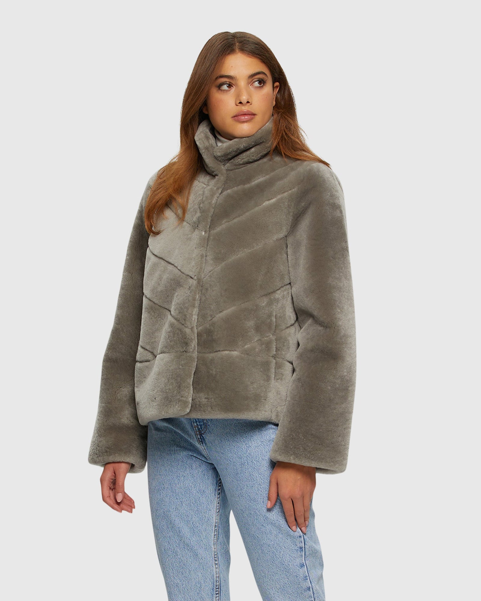 Select Shearling Lamb Chevron Jacket With Horizontal Bottom | Light Gray