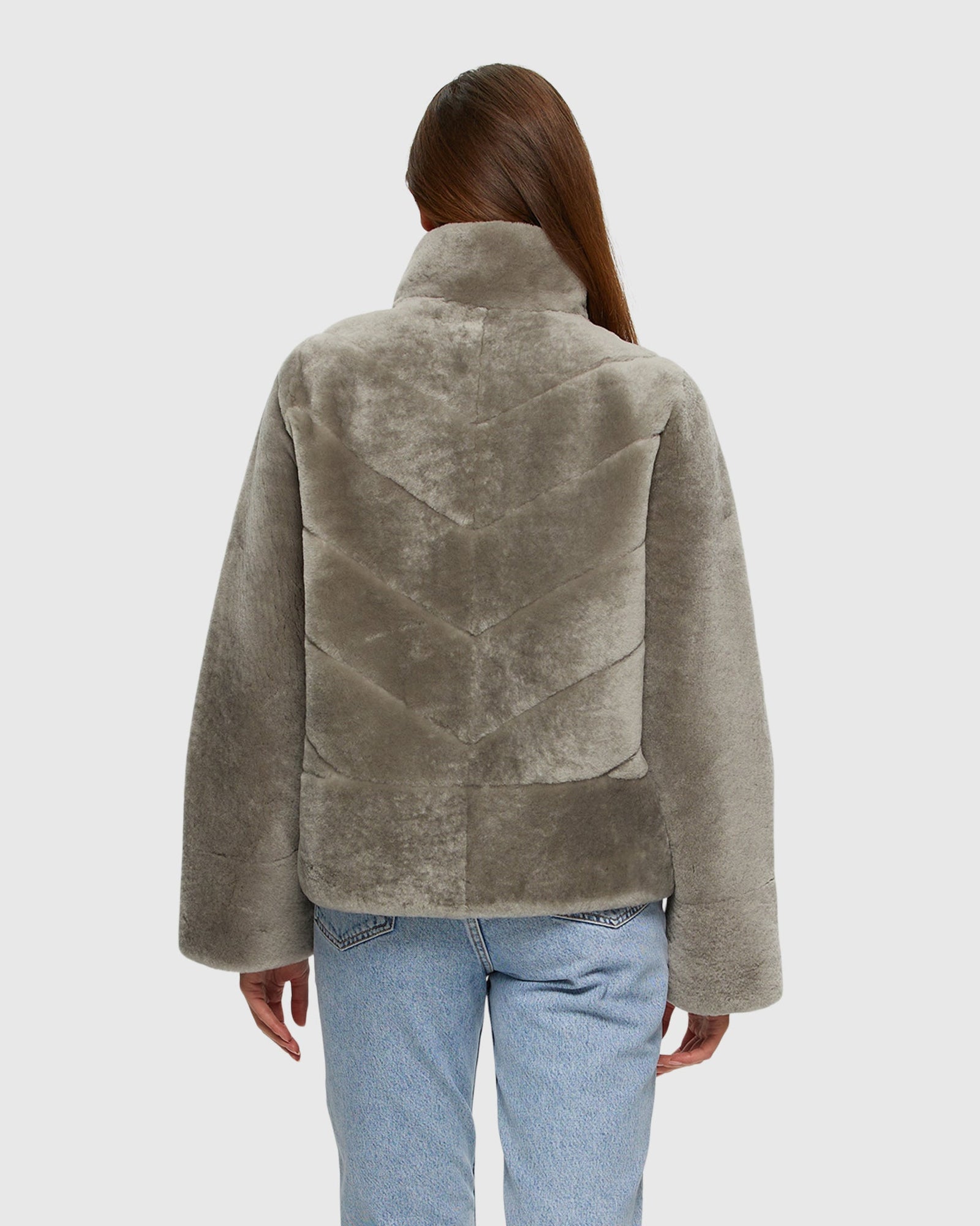 Select Shearling Lamb Chevron Jacket With Horizontal Bottom | Light Gray