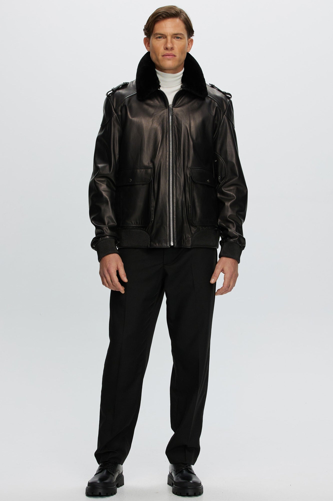 Leather Jacket With Detachable Shearling Lamb Collar | Men | Black x Black