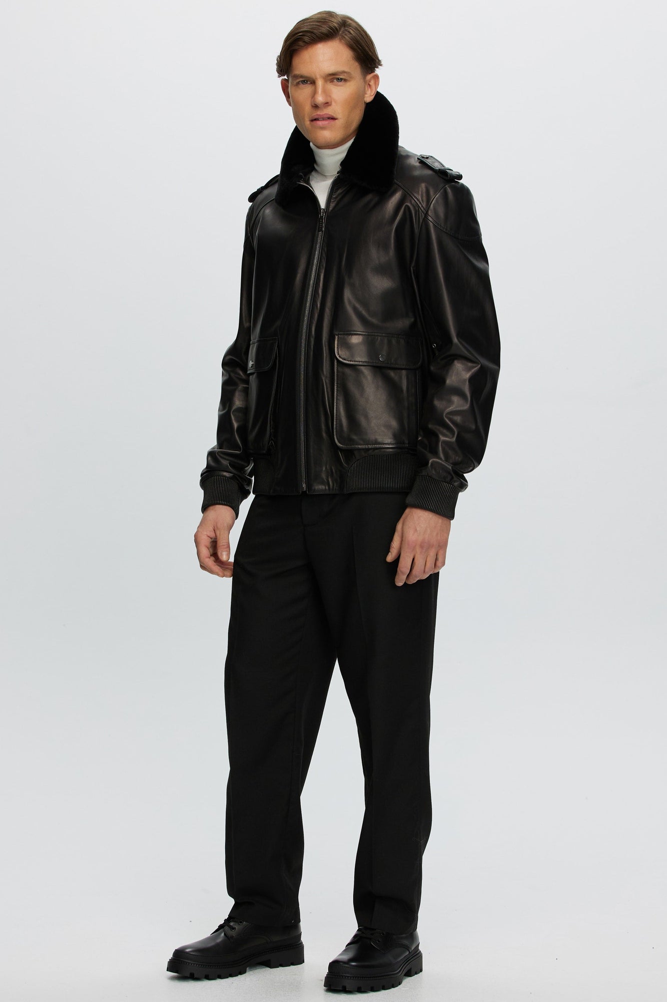 Leather Jacket With Detachable Shearling Lamb Collar | Men | Black x Black