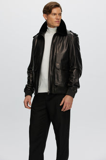 Leather Jacket With Detachable Shearling Lamb Collar | Men | Black x Black