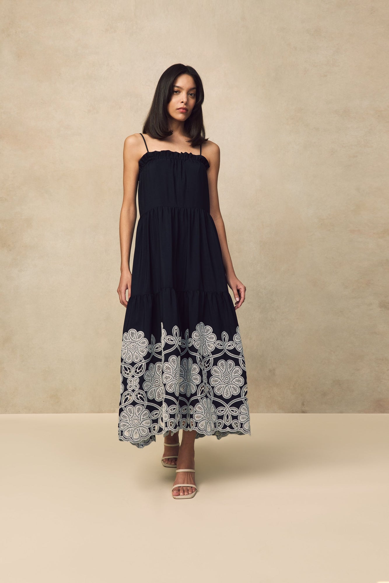 Embroidered Fluid Crepe Midi Dress | Navy