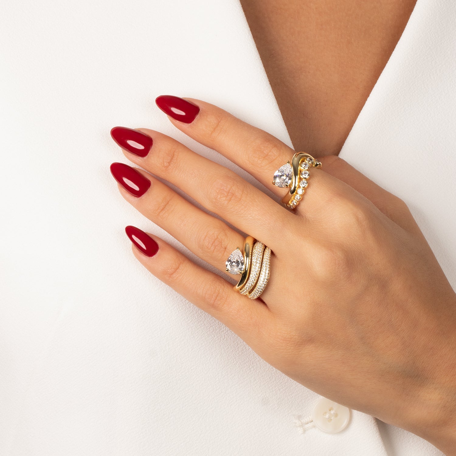 CZ Bezel Waved Band W/ Pear Stone Ring - Adina's Jewels