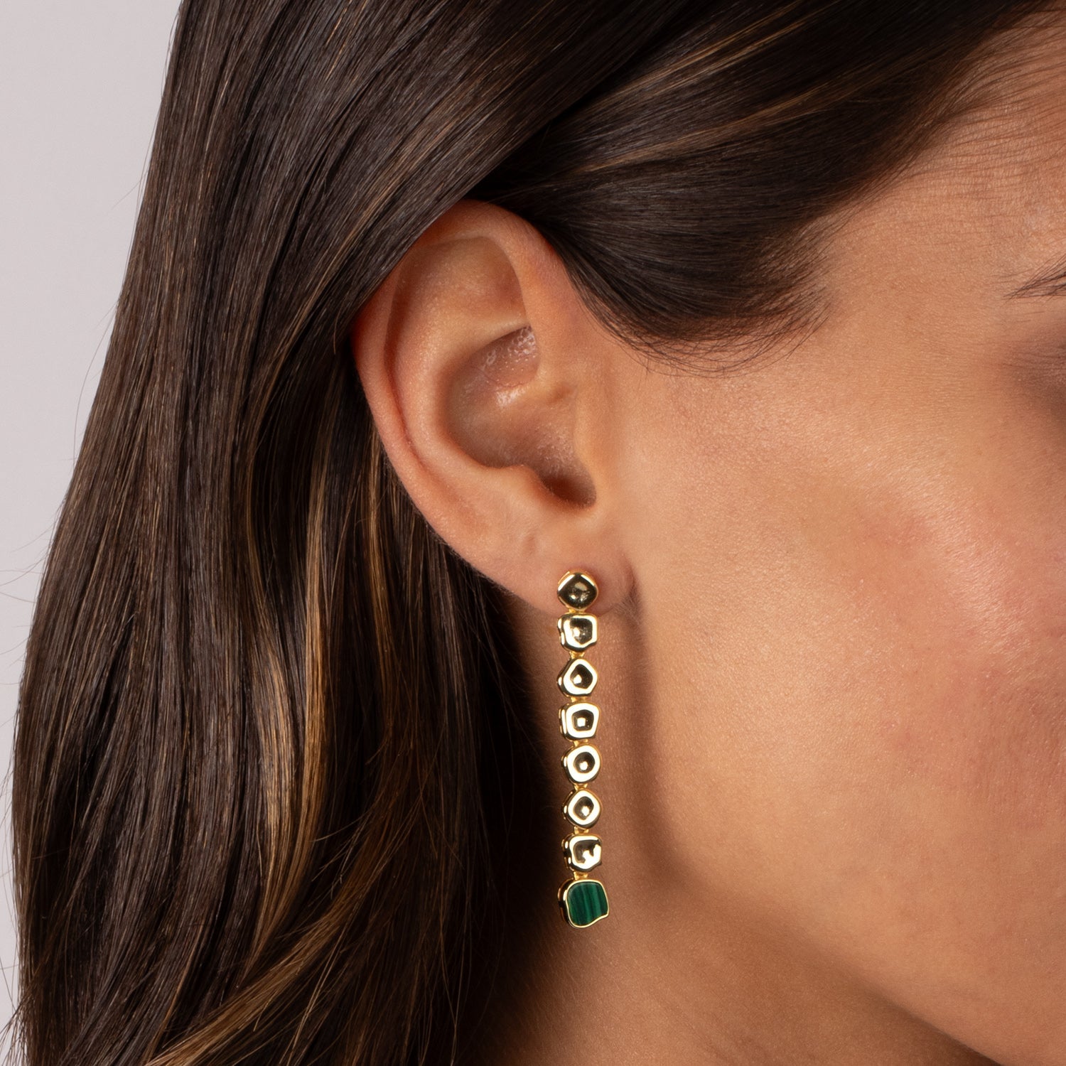 Malachite Gemstone | Solid Multi Shape Drop Stud Earring | 14K Yellow Gold Plated
