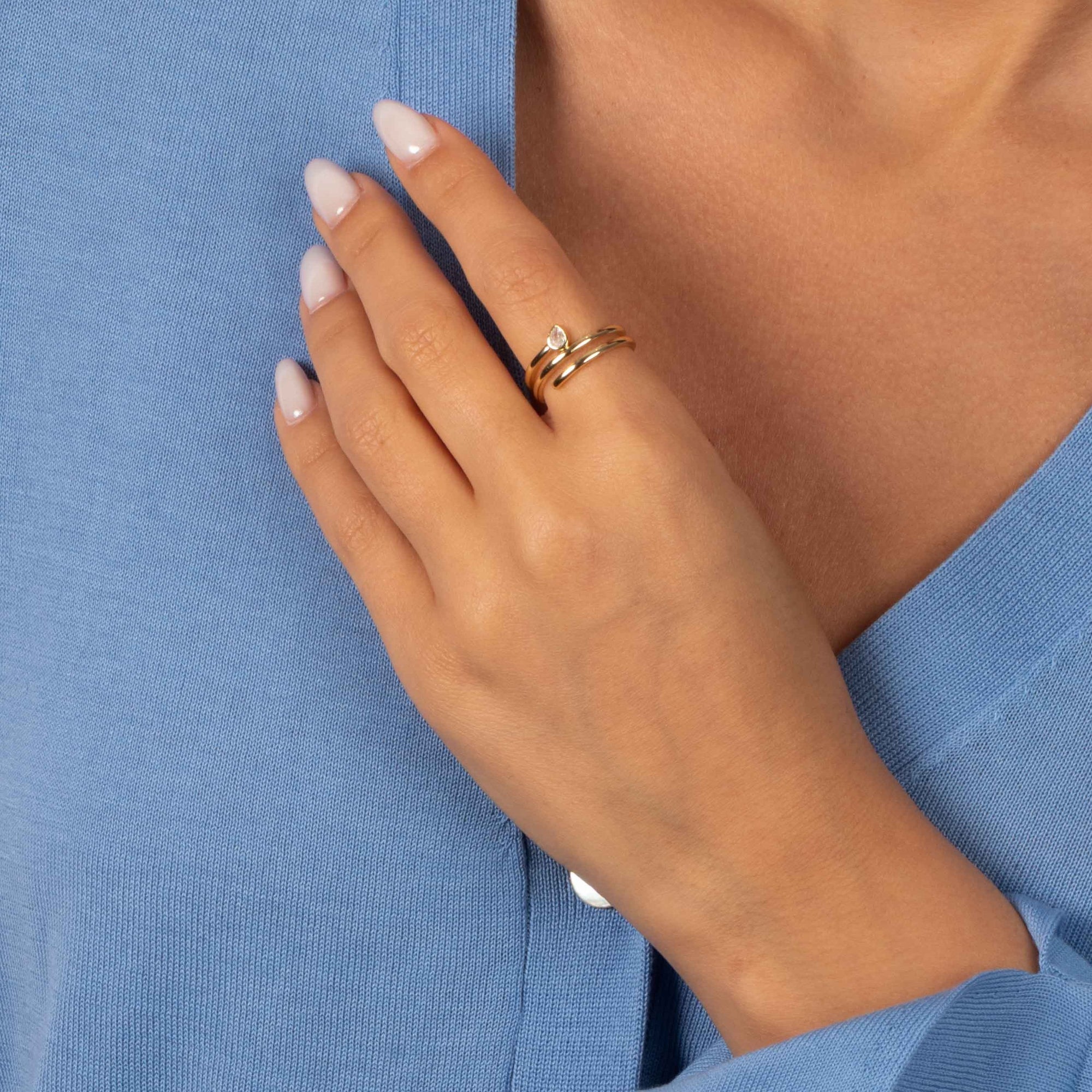 CZ Teardrop Bezel Triple Wrap Coil Ring - Adina's Jewels