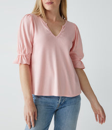 Gillian Split Neck Balloon Sleeve Tee | Grapefruit