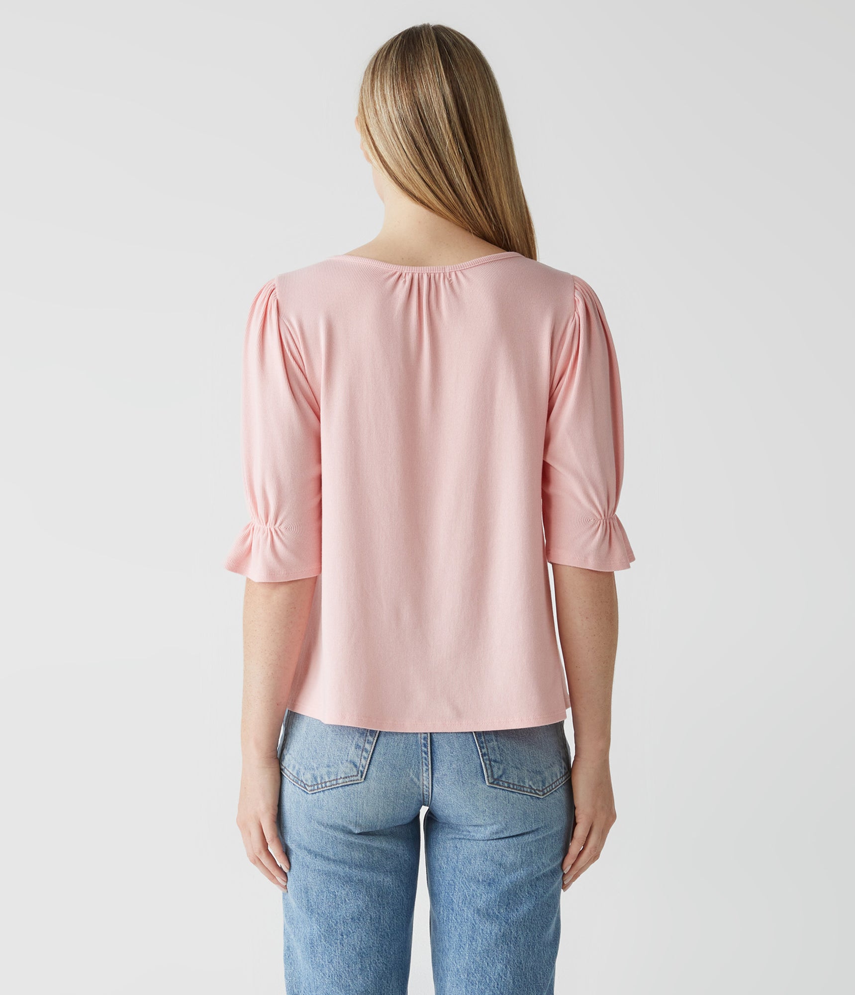 Gillian Split Neck Balloon Sleeve Tee | Grapefruit