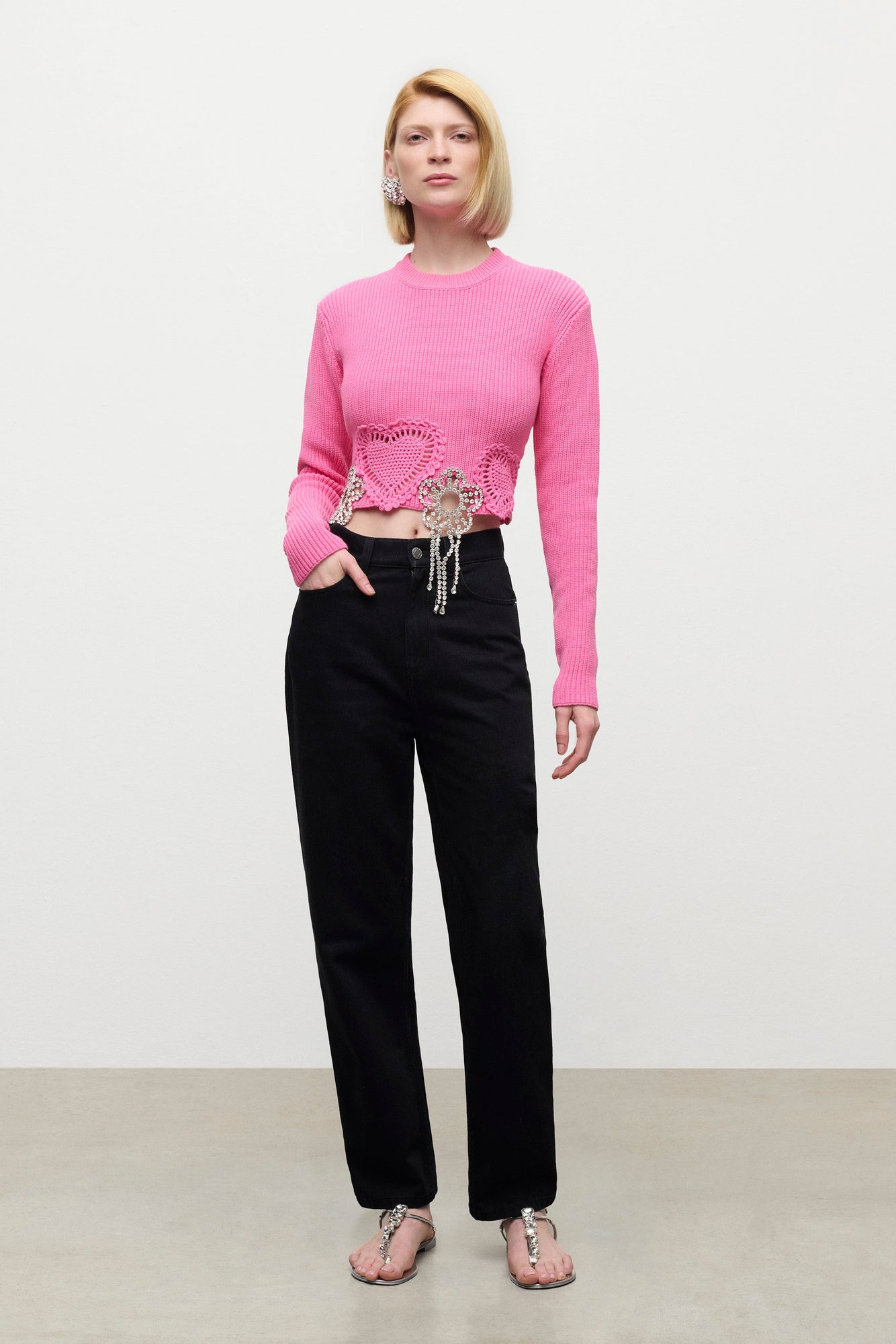 Crystal Crochet Flower Cropped Sweater | Fuchsia