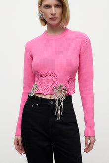 Crystal Crochet Flower Cropped Sweater | Fuchsia