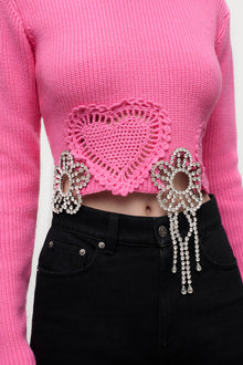 Crystal Crochet Flower Cropped Sweater | Fuchsia