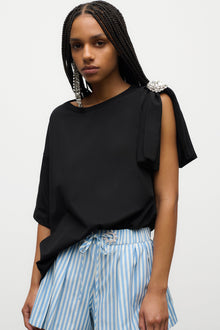 Crystal Grommet Poplin Pleated Short | White/Blue