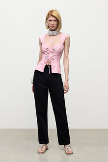 Crystal Grommet Poplin Corset Top | White/Pink