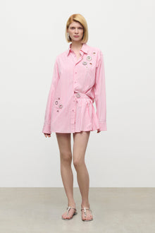 Crystal Grommet Poplin Pleated Short | White/Pink