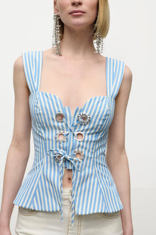 Crystal Grommet Poplin Corset Top | White/Blue