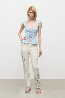 Crystal Grommet Poplin Corset Top | White/Blue