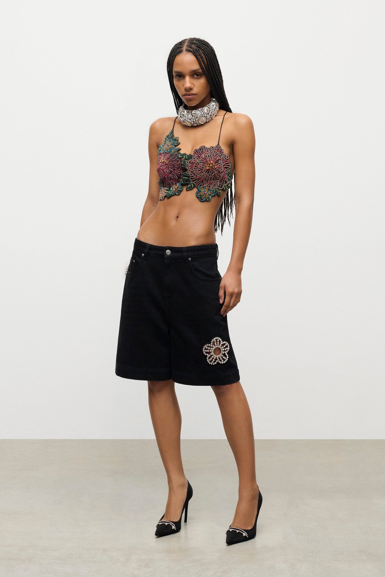 Crystal Flower Bermuda Jean Short | Black