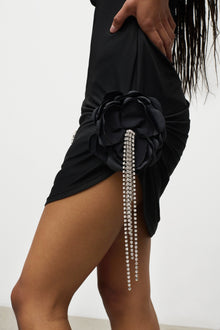 Crystal Flower Draped Strapless Mini Dress | Black