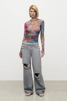 Crystal Embellished Printed Tulle Long Sleeve Top | Pink Multi