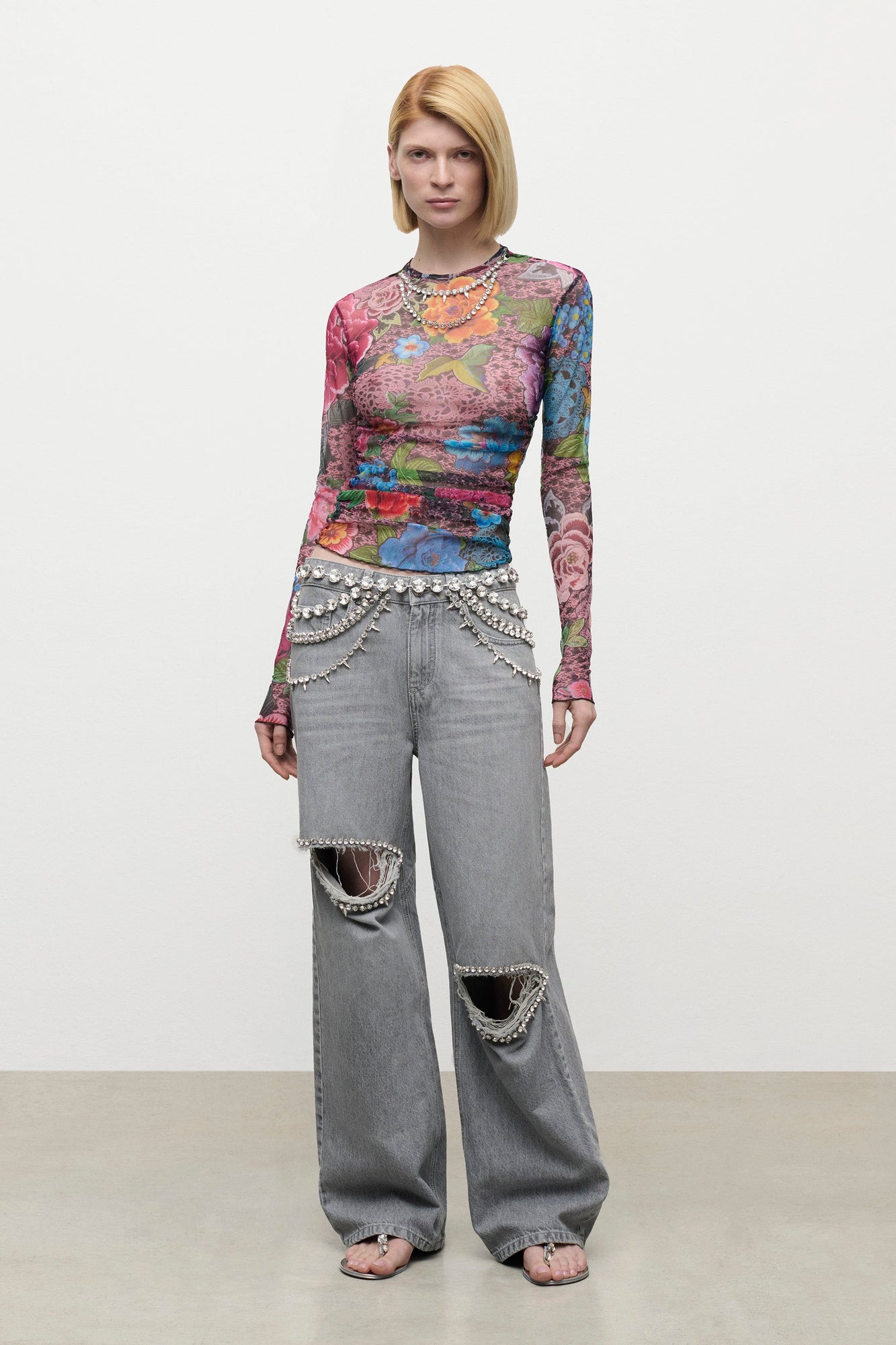 Crystal Embellished Printed Tulle Long Sleeve Top | Pink Multi