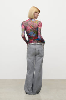 Crystal Embellished Printed Tulle Long Sleeve Top | Pink Multi