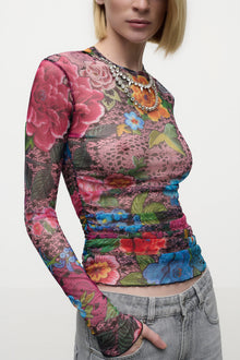 Crystal Embellished Printed Tulle Long Sleeve Top | Pink Multi