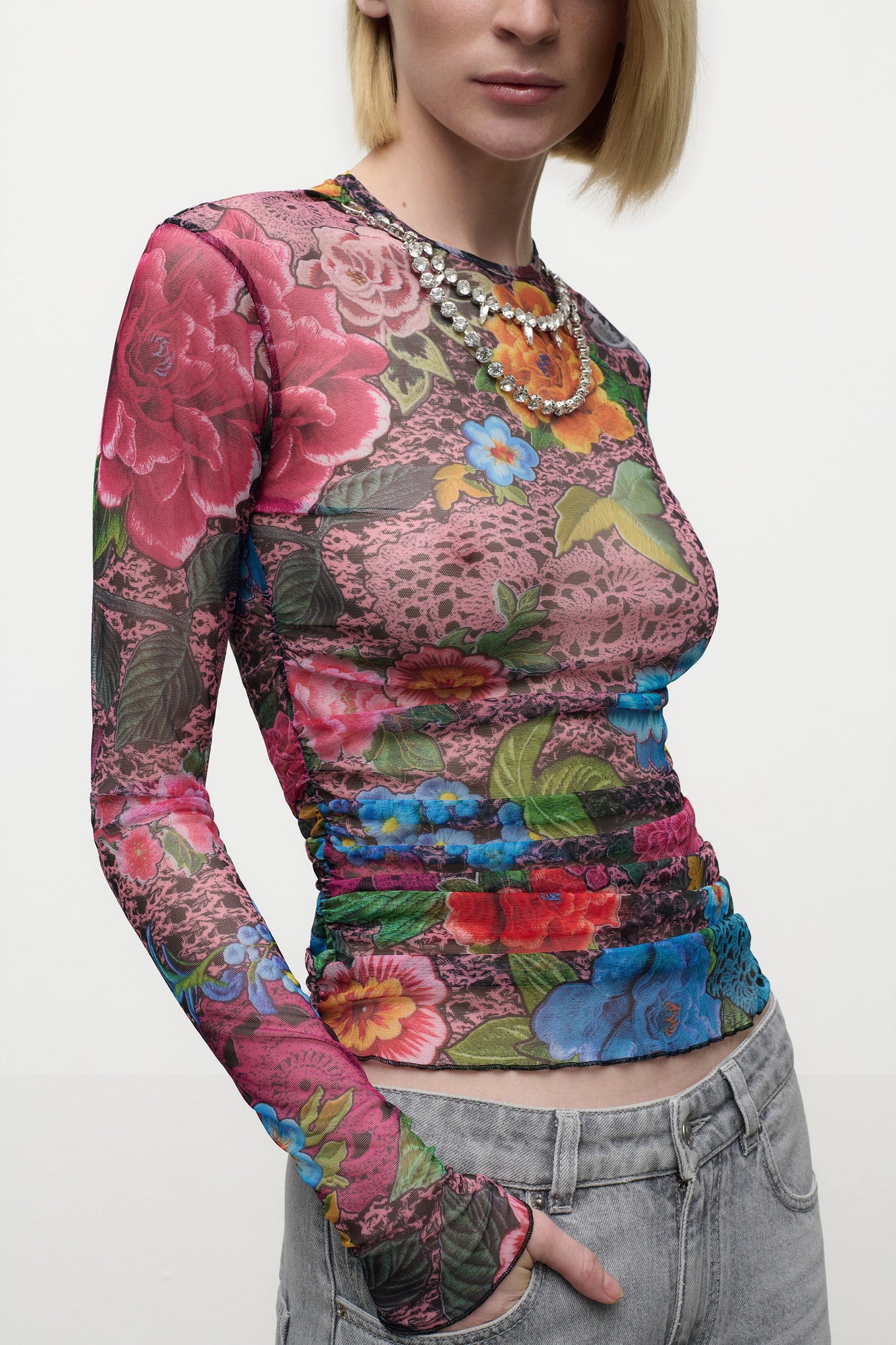 Crystal Embellished Printed Tulle Long Sleeve Top | Pink Multi