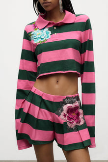 Embroidered Flower Rugby Stripe Long Sleeve Cropped Polo | Pink/Green