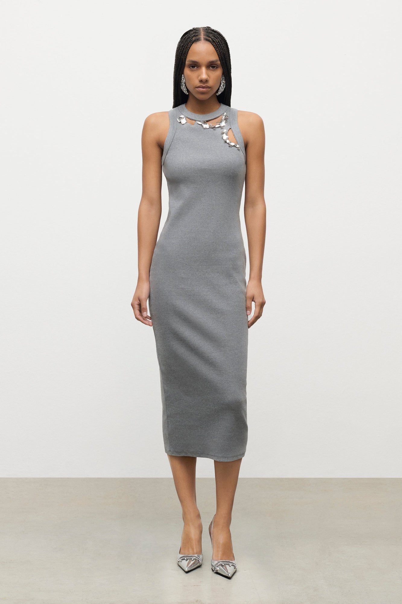 Distressed Crystal Ribbed Knit Midi Tank Dress | Grey Melange