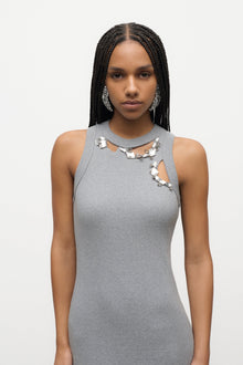 Distressed Crystal Ribbed Knit Midi Tank Dress | Grey Melange