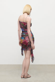 Crystal Embellished Printed Tulle Mini Dress | Pink Multi