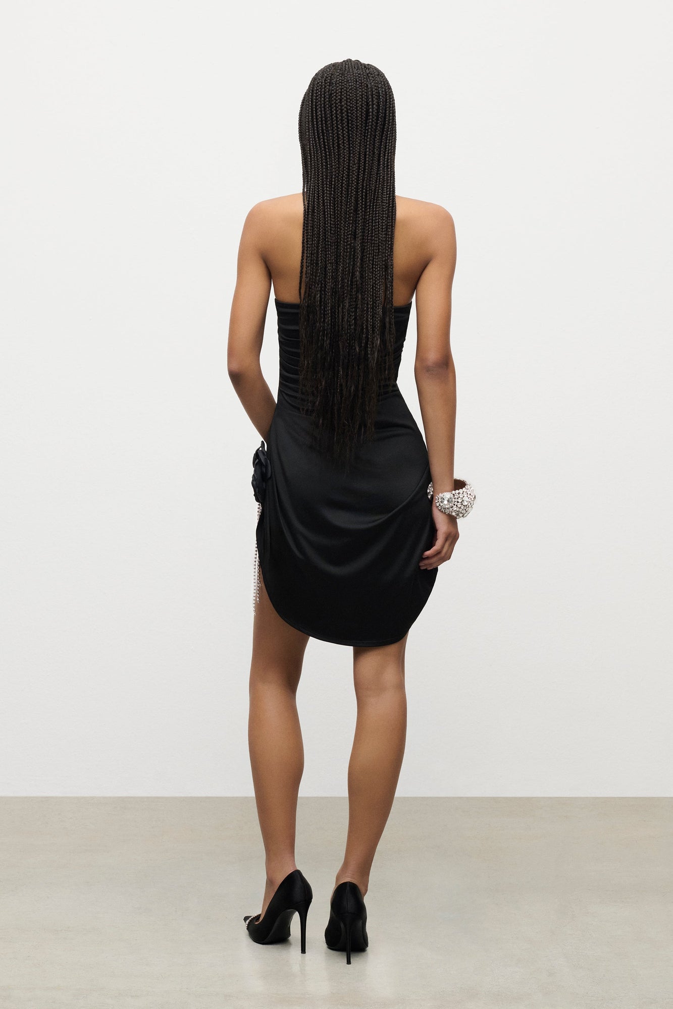 Crystal Flower Draped Strapless Mini Dress | Black