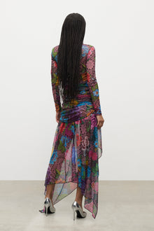 Crystal Embellished Printed Tulle Midi Dress | Pink Multi