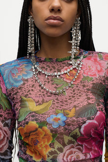 Crystal Embellished Printed Tulle Midi Dress | Pink Multi