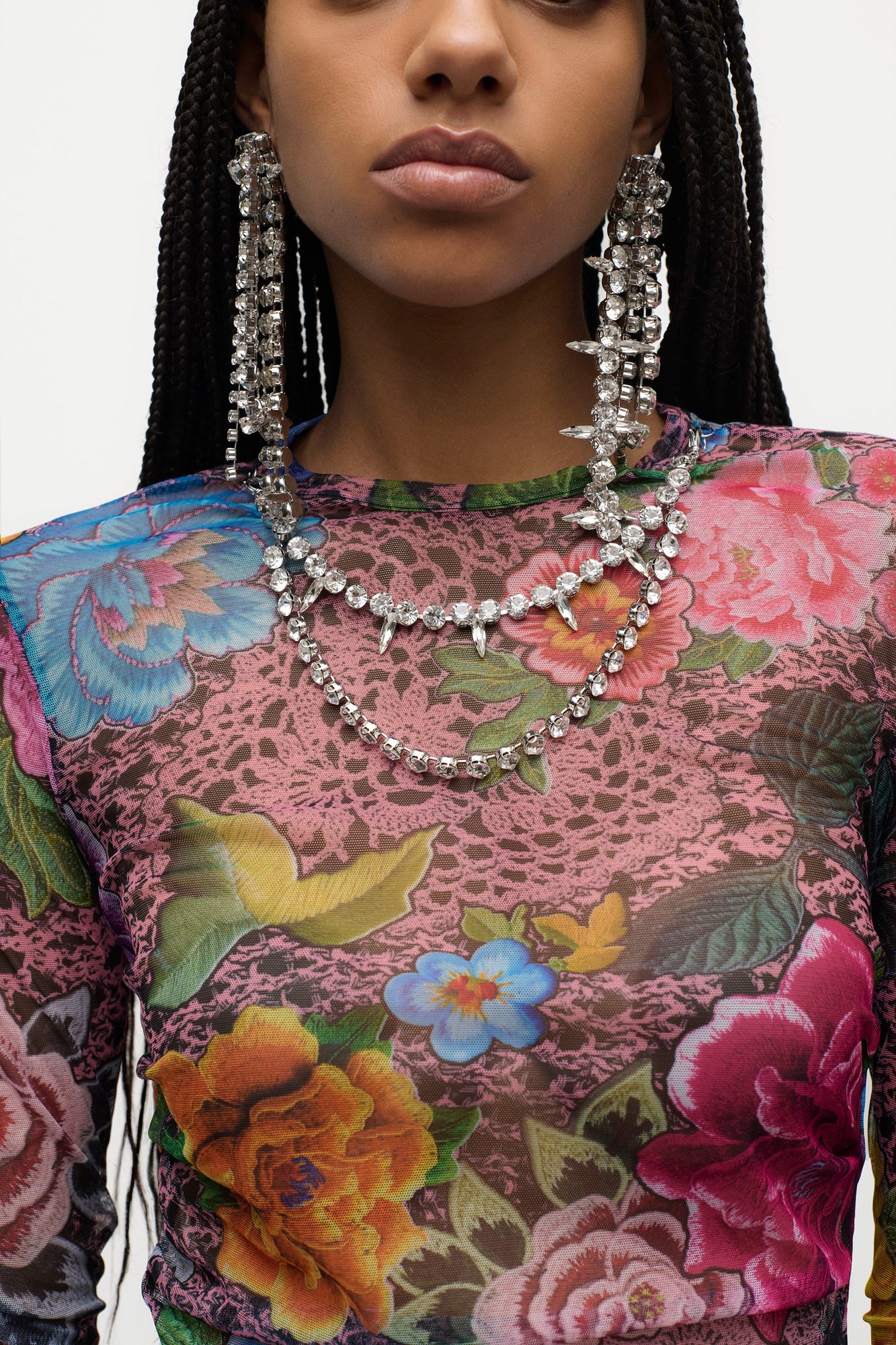 Crystal Embellished Printed Tulle Midi Dress | Pink Multi