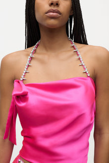 Crystal Embellished Satin Halter Top | Fuchsia