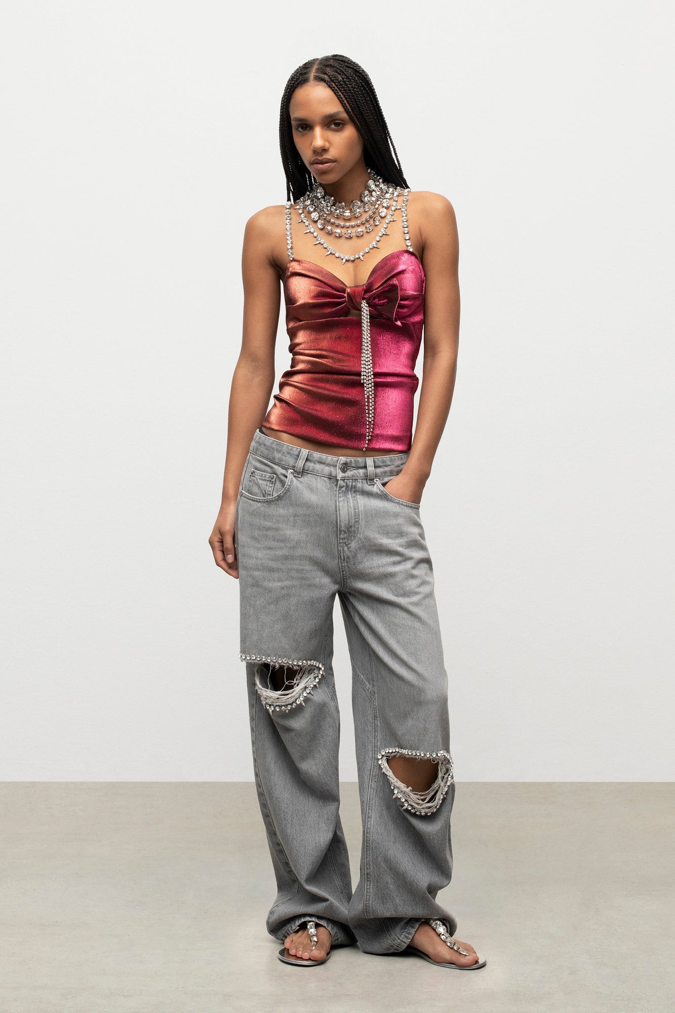 Crystal Embellished Stretch Lame Cutout Top | Fuchsia/Orange