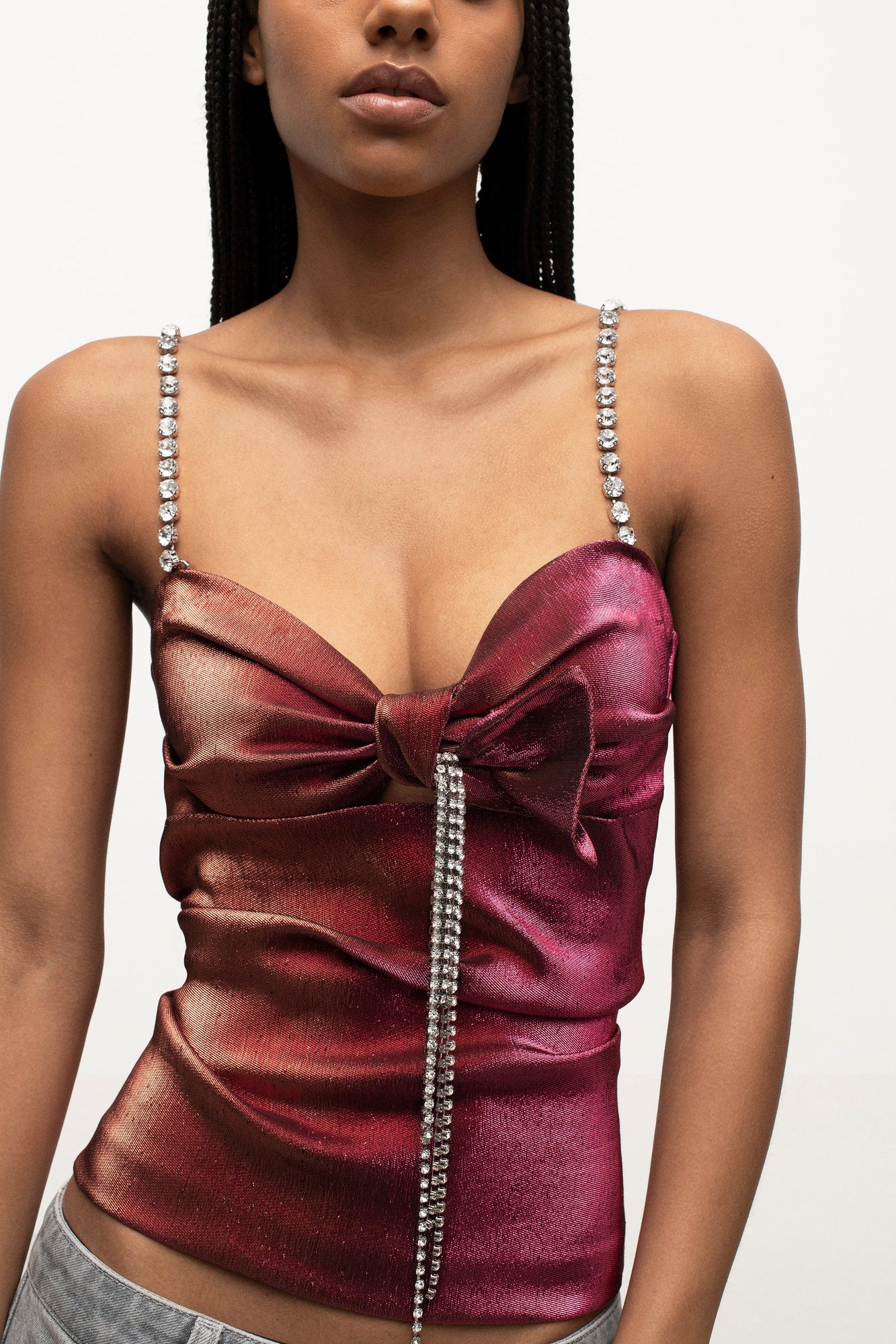 Crystal Embellished Stretch Lame Cutout Top | Fuchsia/Orange