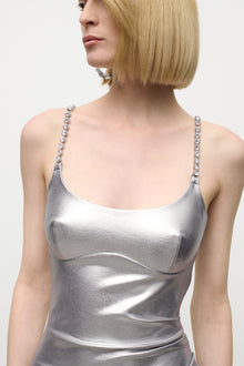 Crystal Strap Metallic Mini Dress | Silver