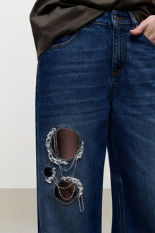 Crystal Chain Cutout Relaxed Jean | Medium Blue