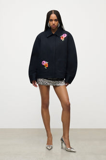 Embroidered Flower Cargo Jacket | Midnight Blue